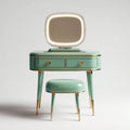 Wooden vanity table set with oval mirror and pink upholstered stool 120 x 50 x 75cm