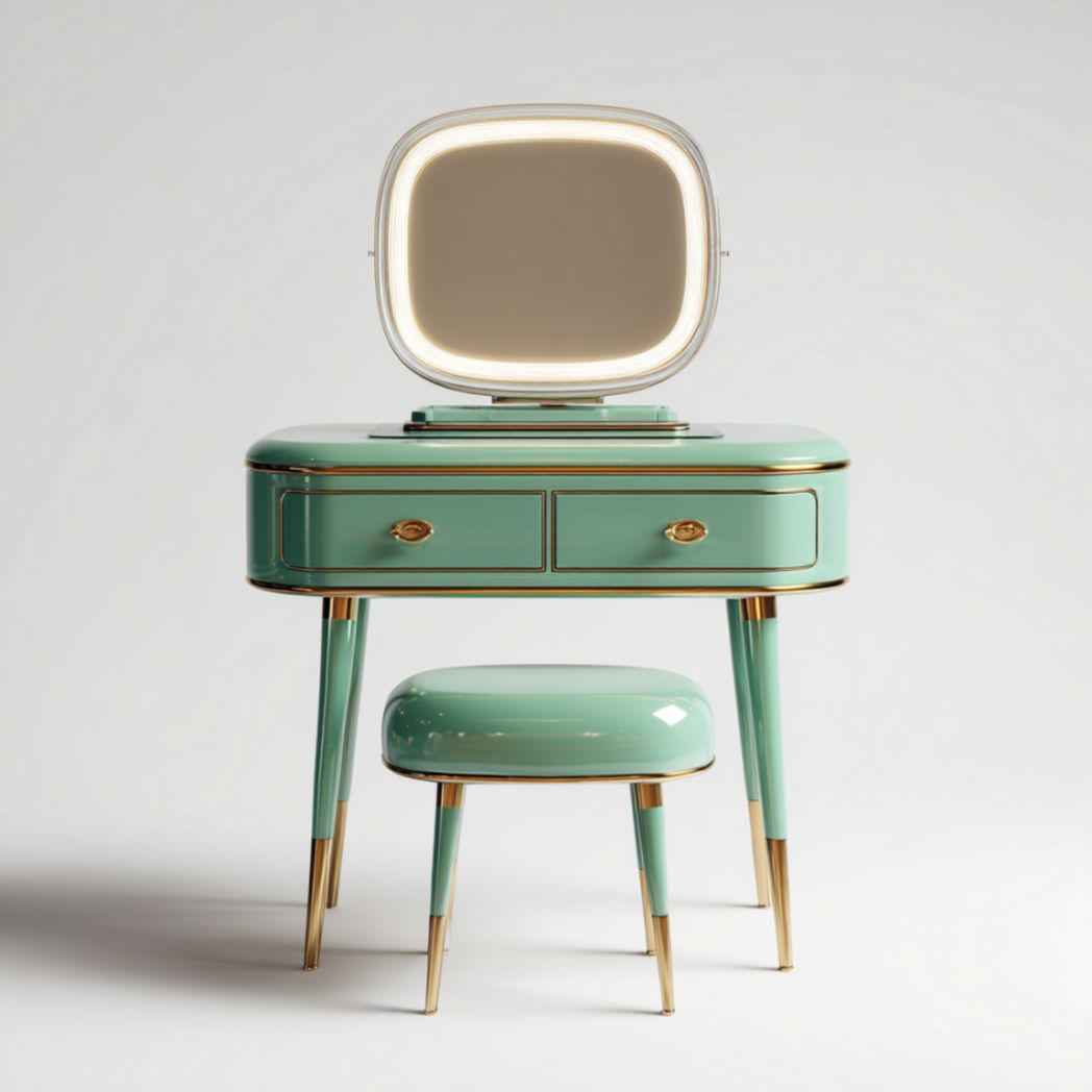 Wooden vanity table set with oval mirror and pink upholstered stool 120 x 50 x 75cm