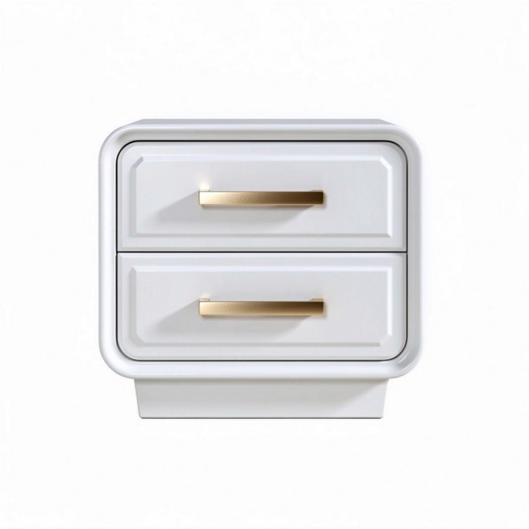 White nightstand with two drawers and gold handles suitable for modern bedrooms