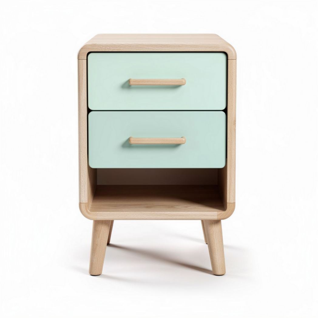 Wooden nightstand with two drawers and open shelf in mint green finish