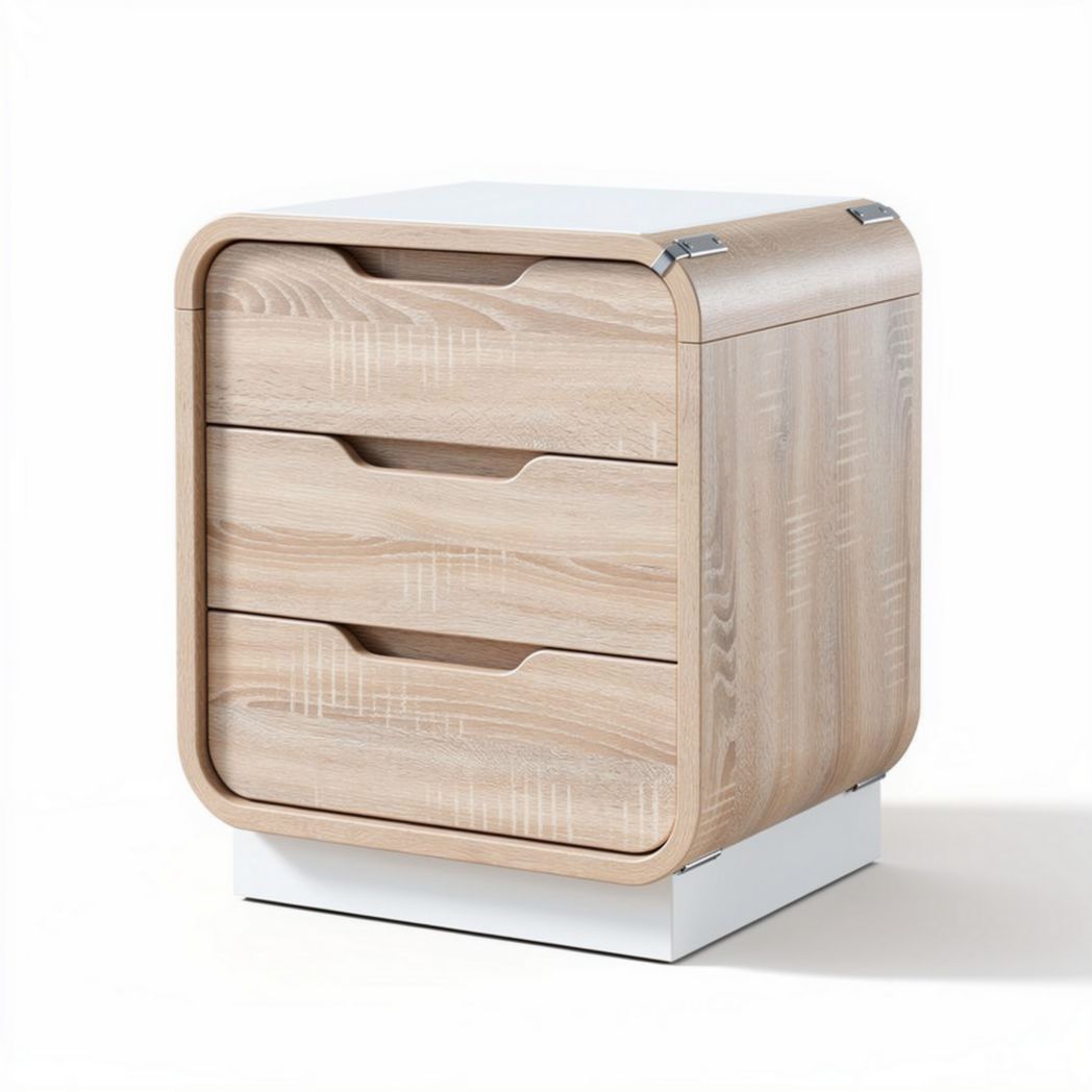 Wooden bedside table with three drawers and a white base 40 x 40 x 60cm