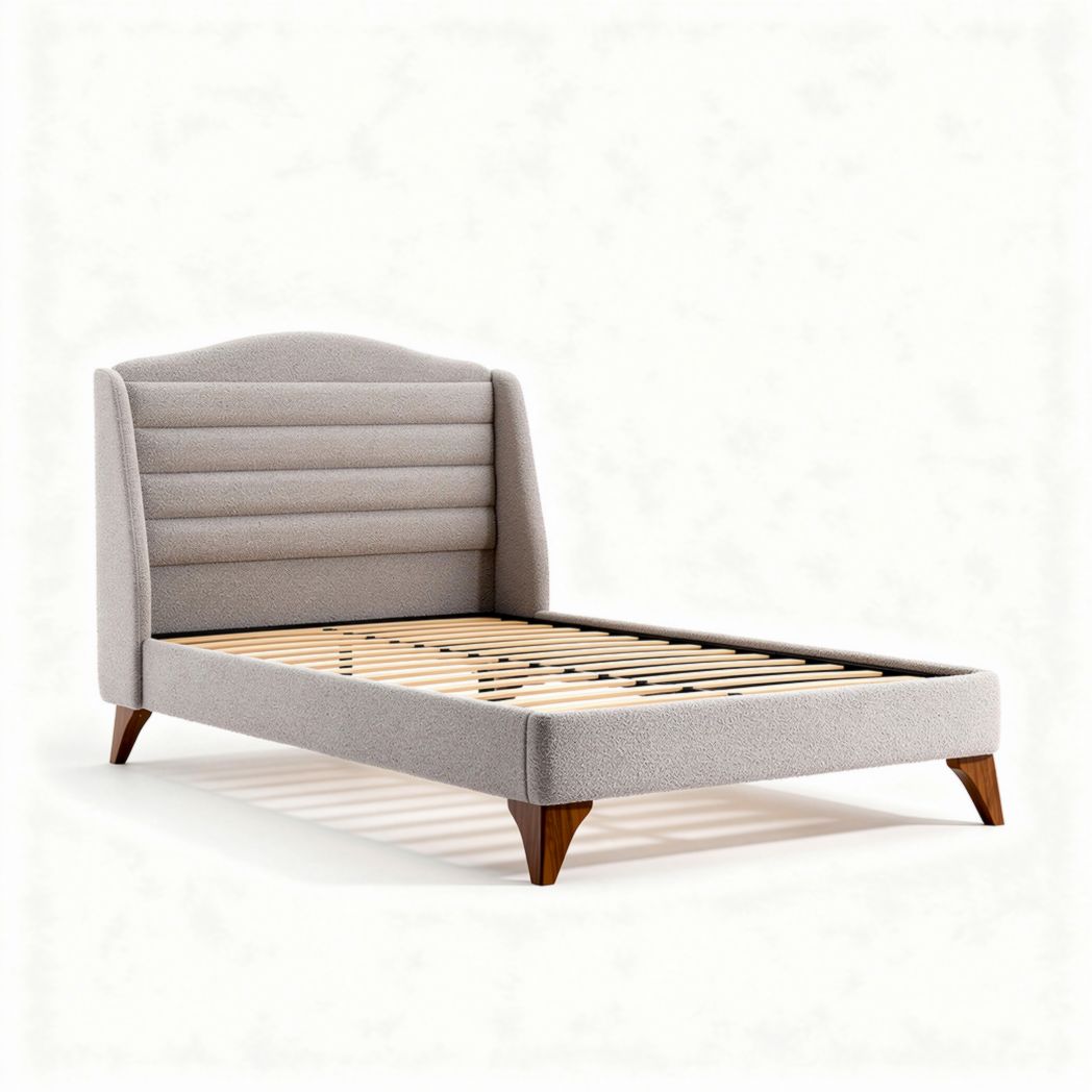 Upholstered bed frame with wooden legs and slatted base in light grey 200 x 160 x 30cm
