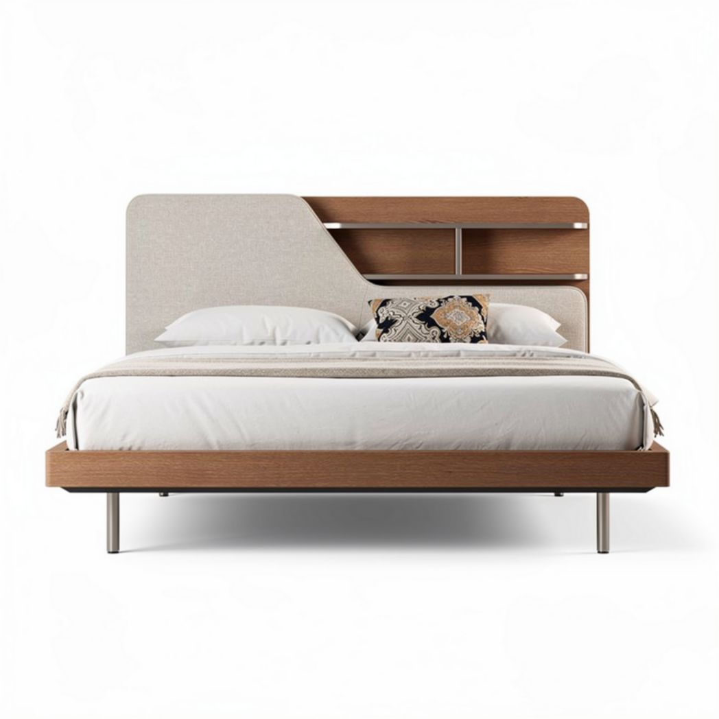 Wood and fabric bed frame with headboard and storage 200 x 160 x 100cm