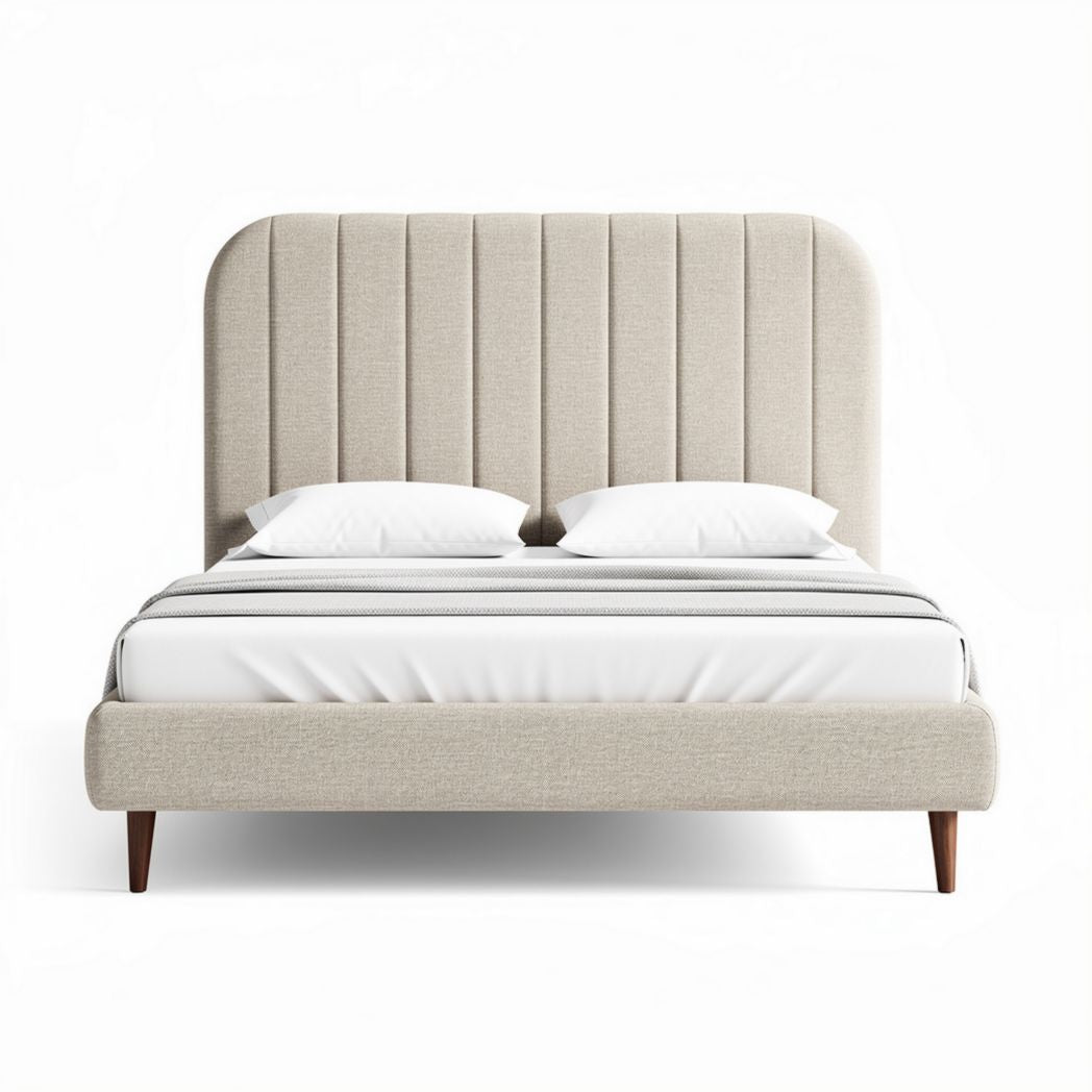Upholstered platform bed with curved headboard in beige 200 x 160 x 120cm