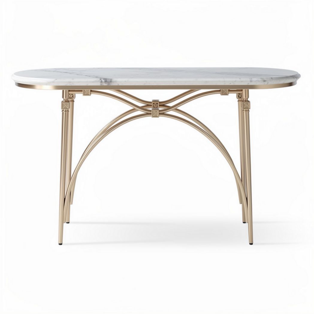 Marble top console table with gold metal legs and curved design 150 x 75 x 75cm