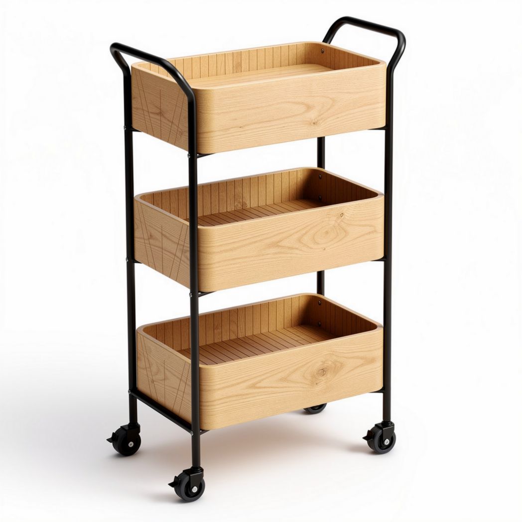 Wooden rolling cart with three storage baskets and metal frame 80 x 40 x 90cm