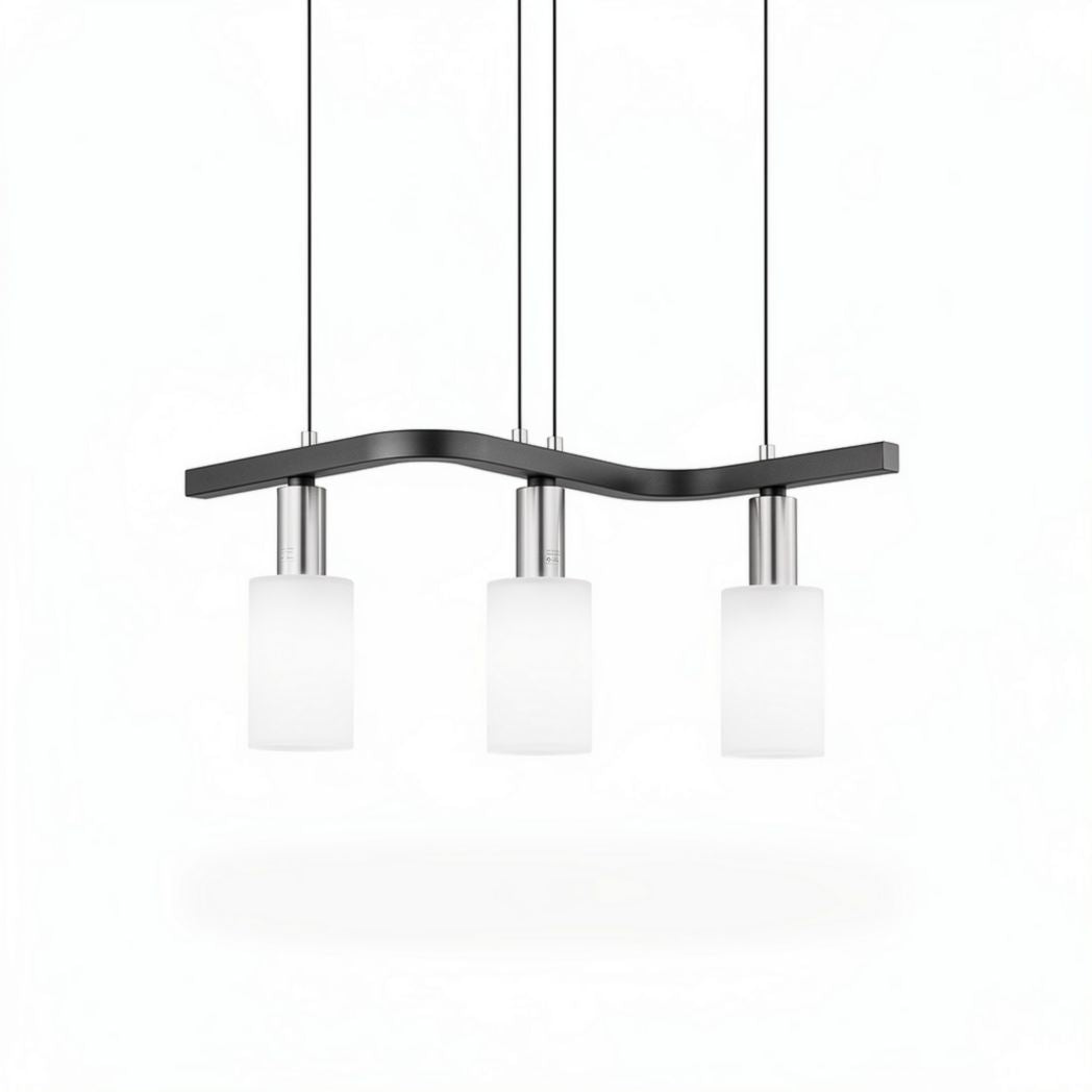 Modern pendant light fixture with three frosted glass shades and metal accents 60 x 15 x 25cm
