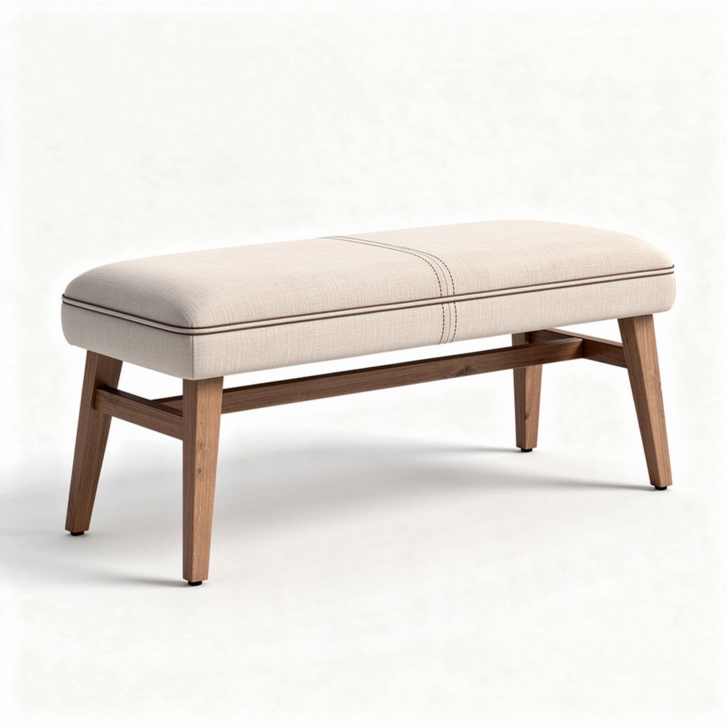 Upholstered storage bench with wooden legs in beige fabric 120 x 40 x 45cm
