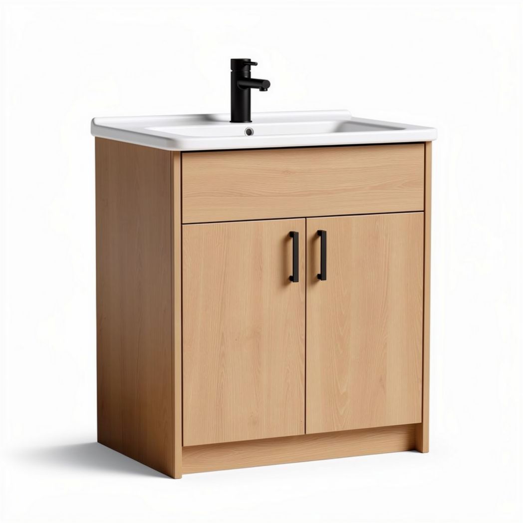 Bathroom vanity cabinet with sink and black faucet in natural wood finish 70 x 50 x 90cm