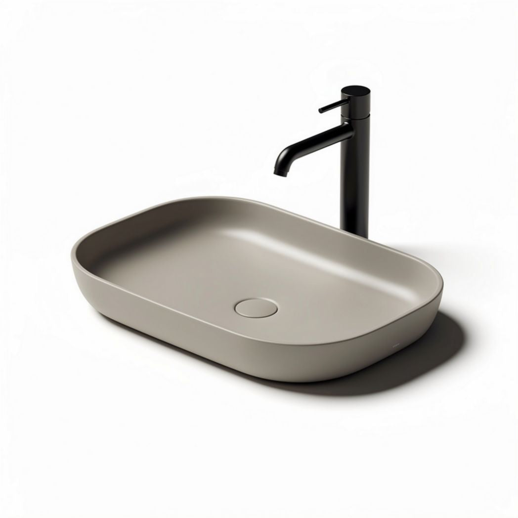 Ceramic rectangular sink basin in matte taupe with black faucet 50 x 30 x 10cm
