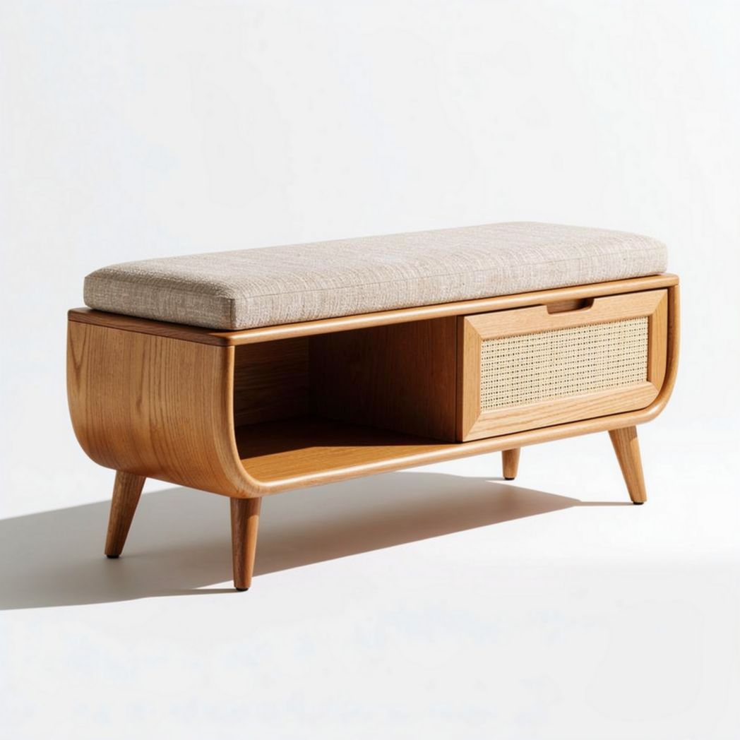 Wooden bench with cushion and storage drawer 120 x 40 x 45cm