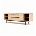 Wooden media console with two drawers and open shelving in natural finish