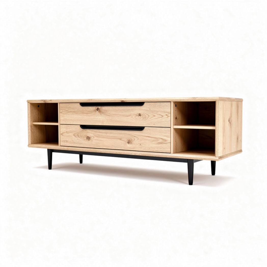 Wooden media console with two drawers and open shelving in natural finish