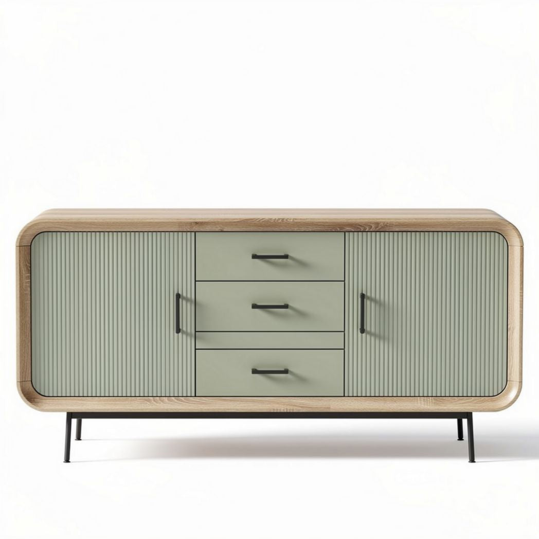 Modern wooden sideboard with green doors and three drawers 150 x 40 x 60cm