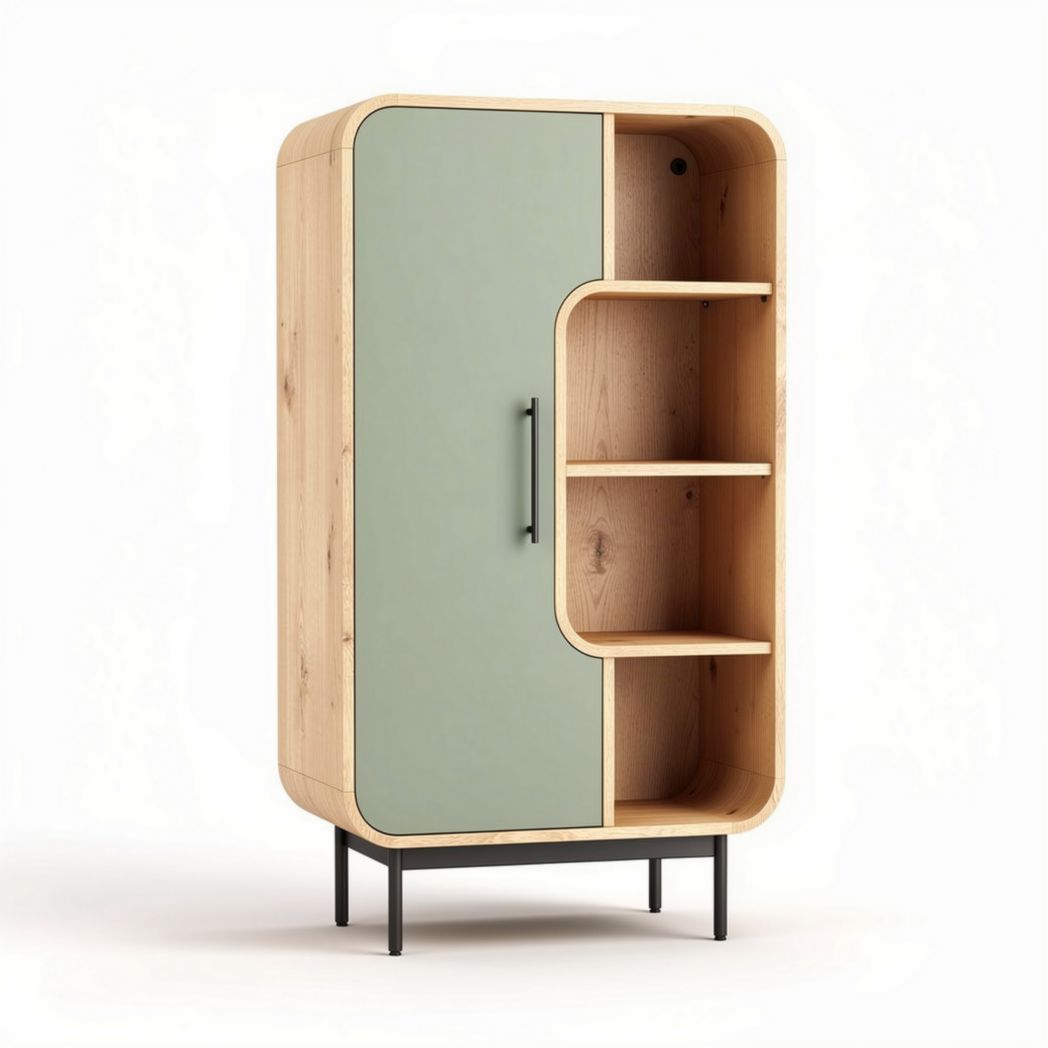 Wooden cabinet with green door and open shelves size 80 x 40 x 140cm